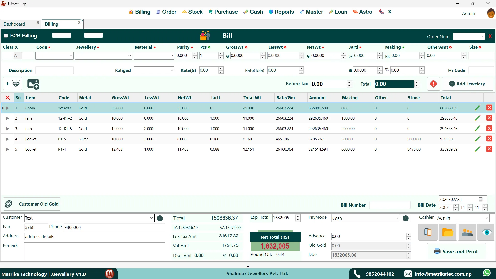 The J-Jewellery billing screen, with a jewellery item, its weight and rate, and the bill total