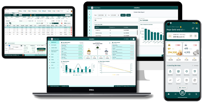 J-Jewellery on a desktop, a laptop, a tablet and a phone: billing, the sales dashboard, the cashier report and the mobile app with the day's gold and silver rates