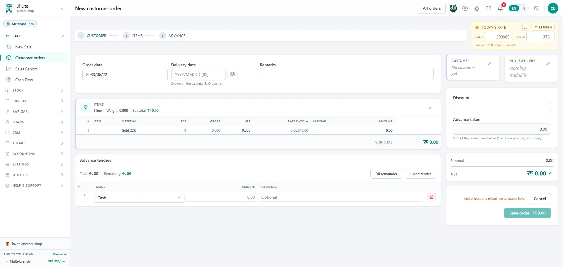 New order — customer, items and advance in three steps